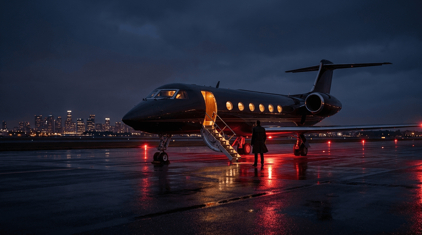 A private jet waiting on the tarmac at dusk