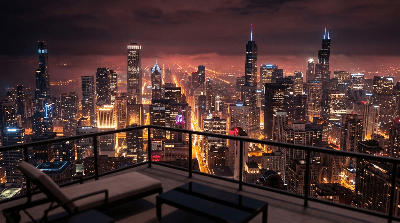 A glittering city skyline at night